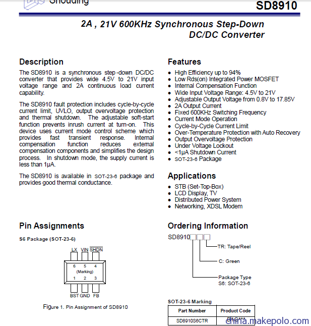 首鼎半導(dǎo)體SD8910 輸入電壓4.5V-21V,2A同步整流降壓IC