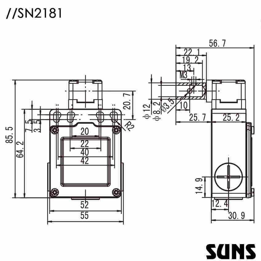 SUNS美国三实安全铰链开关SN2181-SL-C轴杆型安全开关 安全门开关 尺寸图