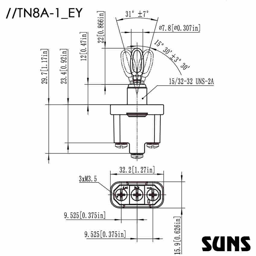 SUNS美国三实密封钮子开关TN8A-107EO杠杆开关 自动复位式钮子开关 尺寸图