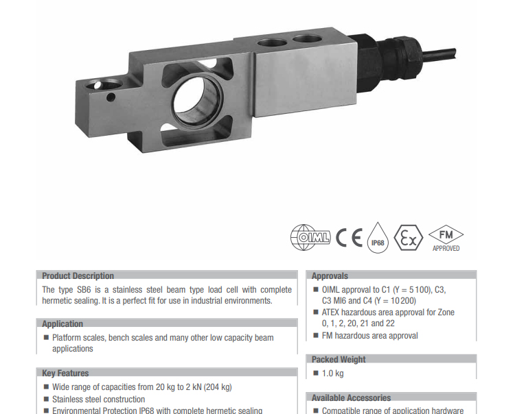 德國富林泰克不銹鋼稱重傳感器SB6-20.4Kg-C3