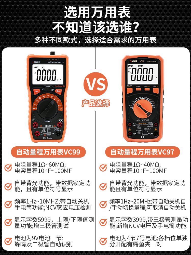 勝利儀器VC97萬用表自動量程智能防燒數字多功能表可測溫度 頻率